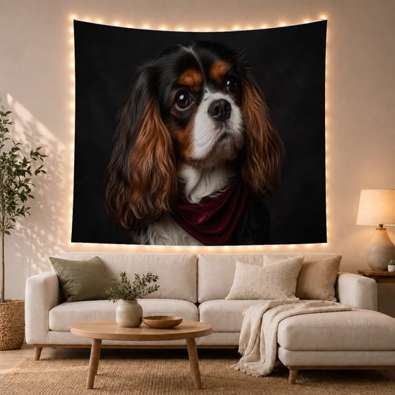 Cavalier Spaniel Portrait With Burgundy Bandana Cozy Photographic Style for Dog Lovers Pet Wall Decor Housewarming Gift Tapestry Wall Hanging for Bedroom and Living Room