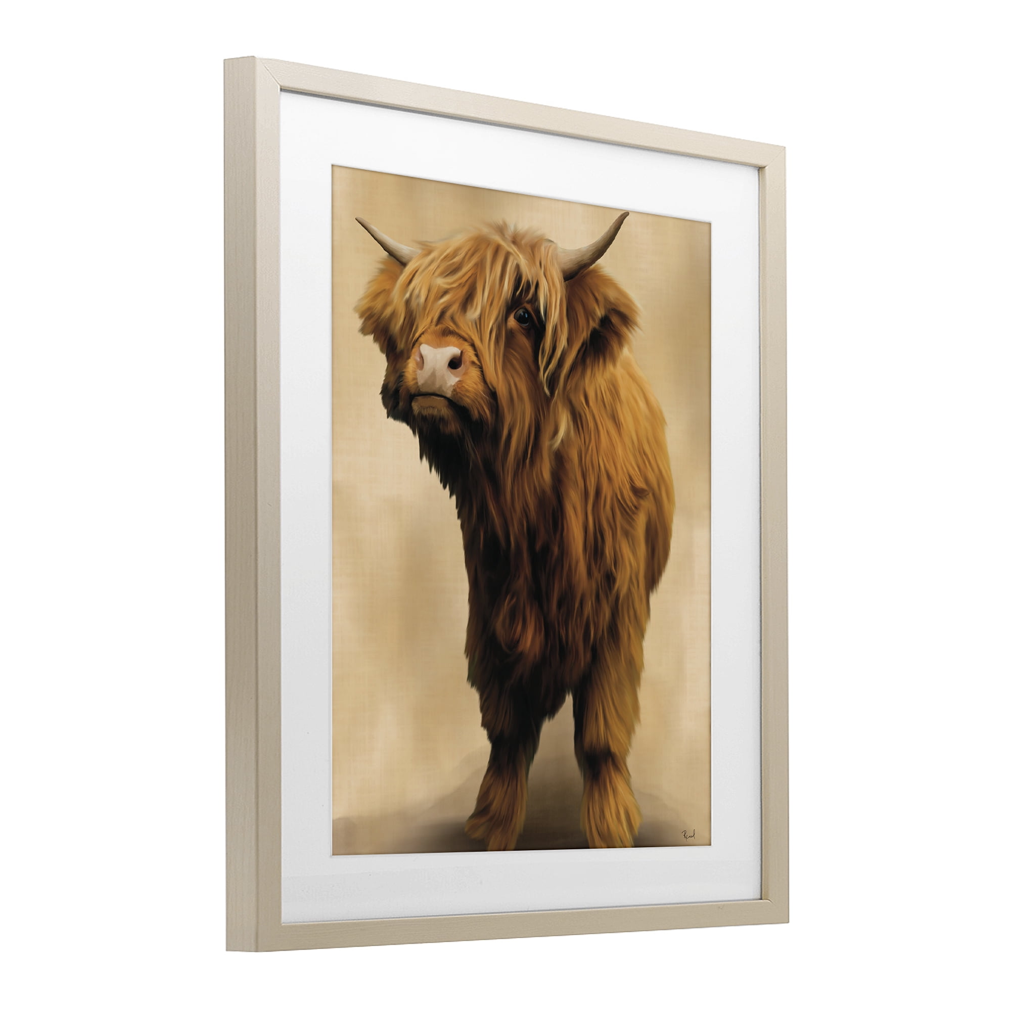 Stupell Industries Mini Highland Cow on Neutrals Birch Framed Print Under Glass, design by Renel Peters
