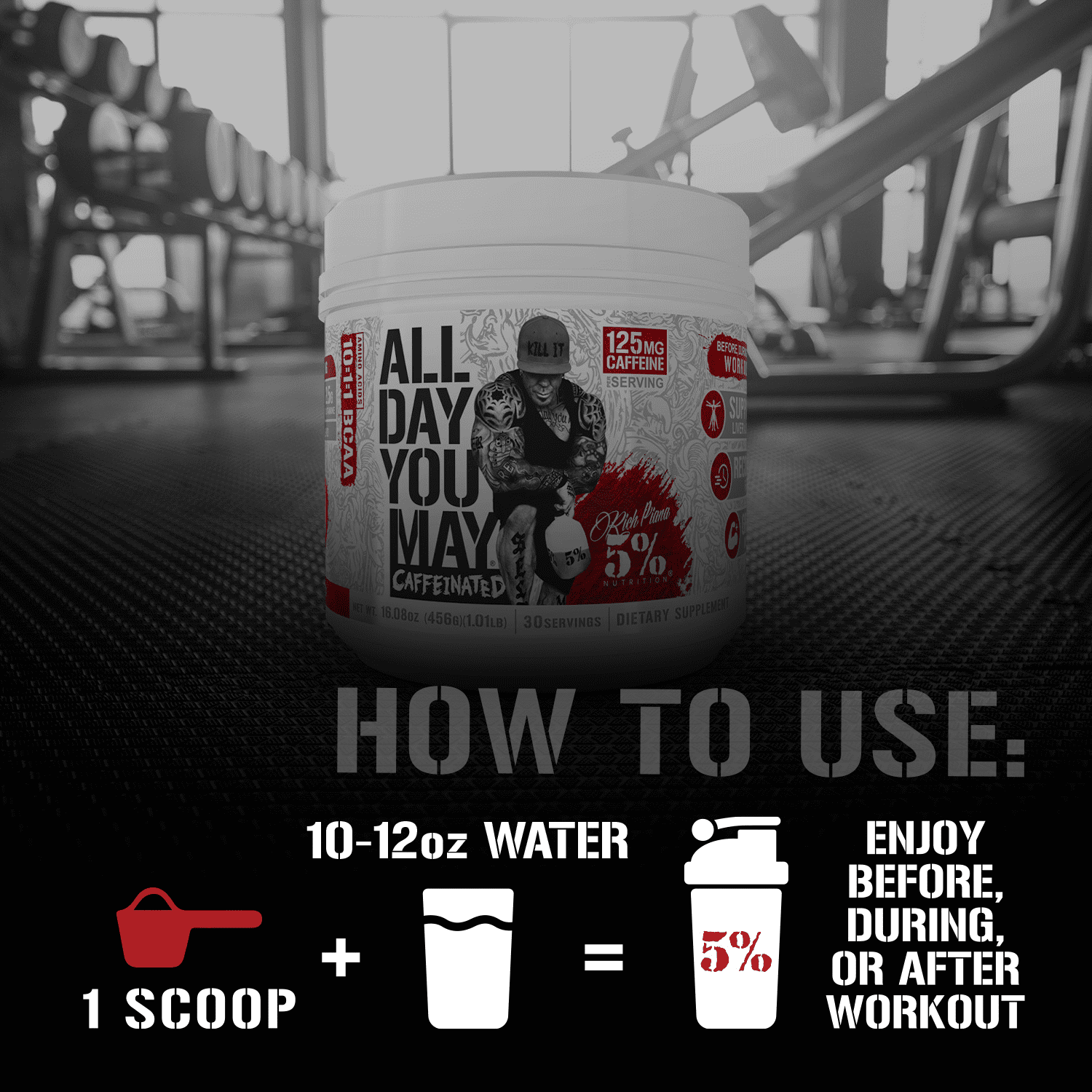 5% Nutrition Rich Piana AllDayYouMay Caffeinated BCAA Energy Powder | Premium Pre Workout Amino Energy & Electrolytes | Hydration, Endurance & Recovery | 16.3 oz, 30 Servings (Southern Sweet Tea)