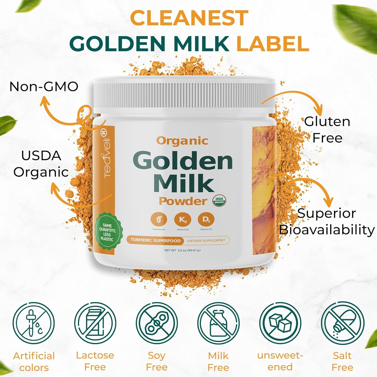 Organic Golden Milk Powder with Vitamin D3 & K2, Turmeric , Ginger , KSM66 Ashwagandha and Nine Superfoods – Dairy Free Turmeric Tea Latte – Supports Restful Sleep, Healthy Bones , Muscles & Immune