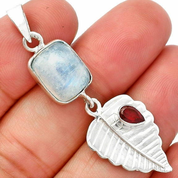 Rainbow Moonstone - India & Garnet 925 Sterling Silver Pendant Jewelry P-1539 SDP146845