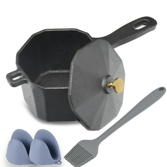Cast Iron Sauce Pot with Lid, Premium Small Cast Iron Melting Pot & Silicone Basting Brush, Castiron Sauce Pan for Grilling, Camping Cookware, Stoves, Mini Pans for BBQ Braising Grill Oven