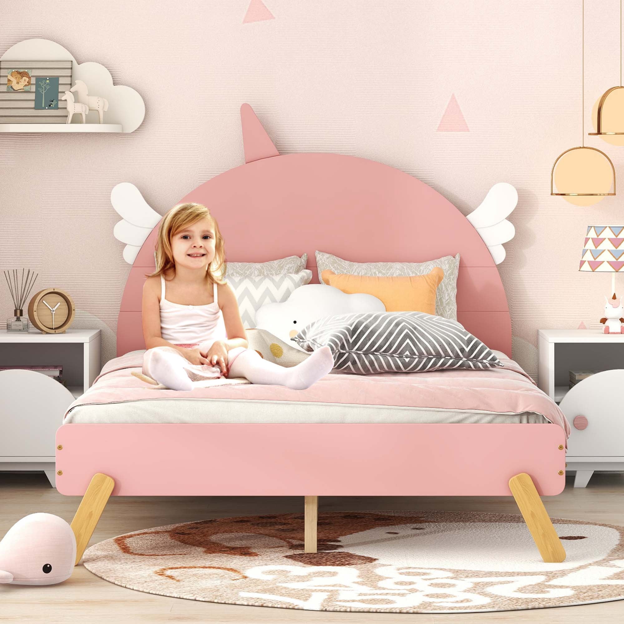 Aukfa Platform Bed with Unicorn Horn Headboard for Kids, Wood Full Size Bed Frame - Pink