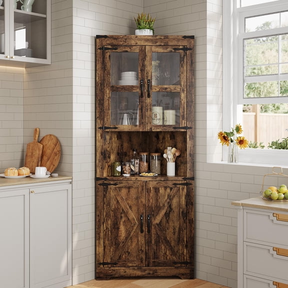 Huisuilinss Tall Corner Cabinet,Farmhouse Storage Cabinet,Wood Corner Hutch With Door & Adjustable Shelves,Space Saving Display Cabinet For Living Kitchen Bathroom Laundry Room