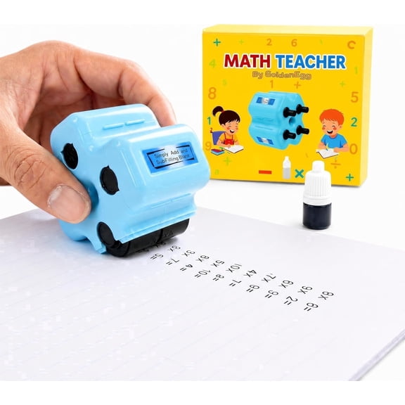 GoldenEgg Math Teacher 4-in-1 Math Roller Stamp, Addition, Subtraction, Multiplication & Fill-in-The-Blank Practice Tool for Kids, Classroom & Home Use (Blue)