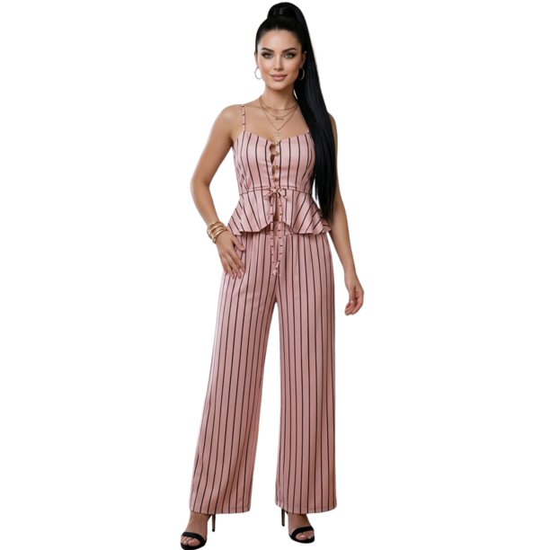 Conjunto para Mujer 2 Piezas Rayado Top Peplum con Tirantes y Pantalón Palazzo Set Elegante Casual de Tela Ligera
