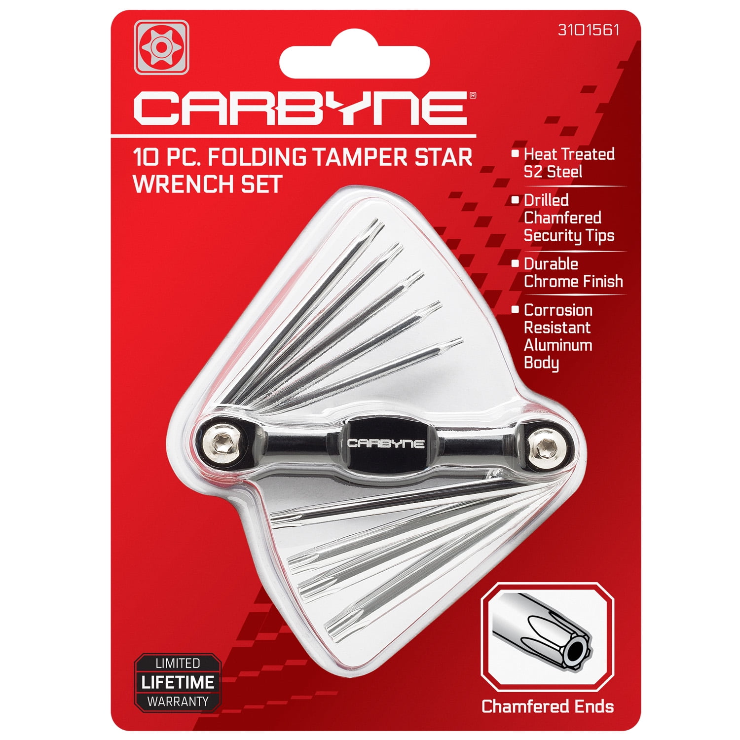CARBYNE 10 Piece Folding Tamper Star Wrench Set, T-6 to T-30 Star/Torx Sizes, S2 Steel, Drilled Chamfered Security Tips, Durable Chrome Finish, Corrosion Resistant Aluminum Body