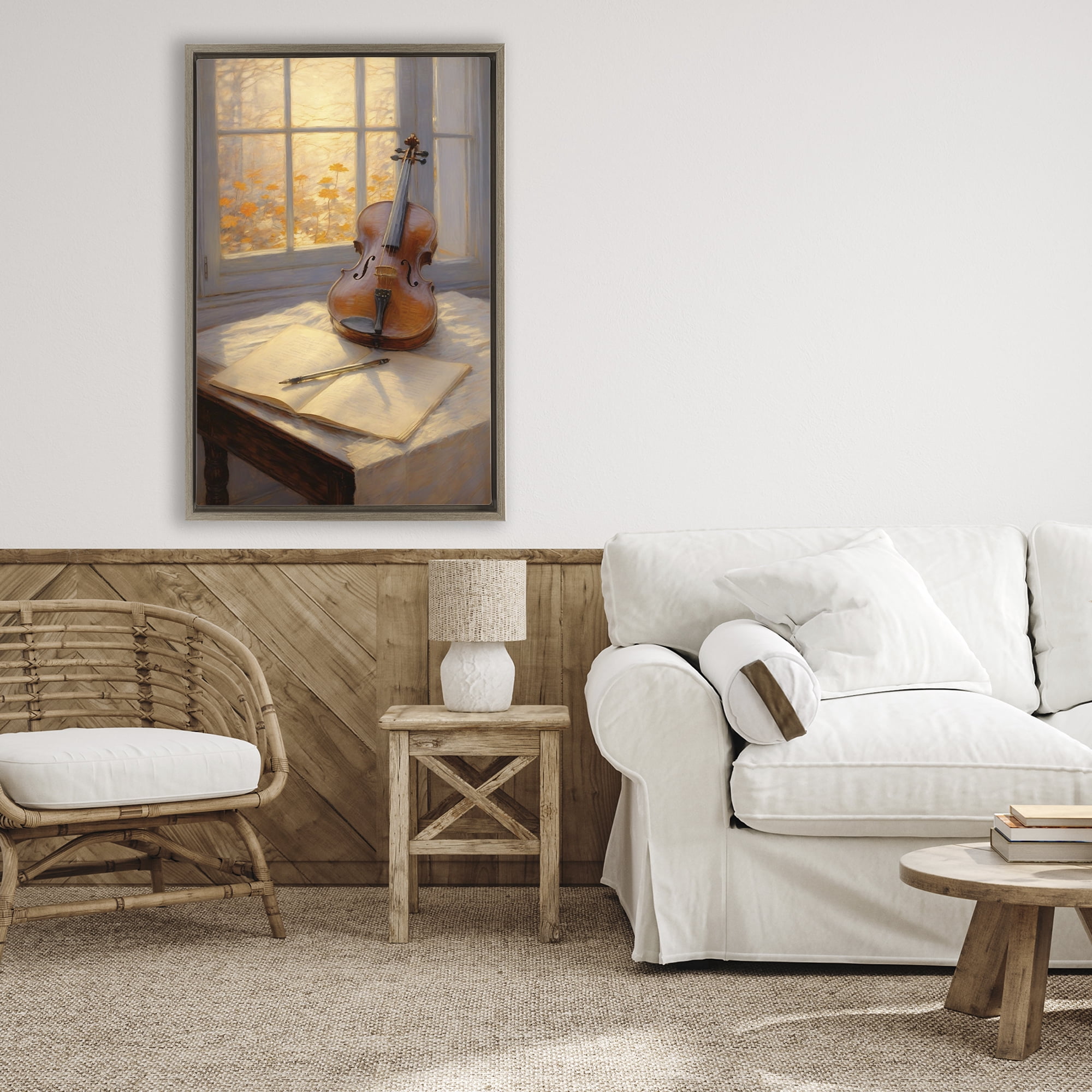 Stupell Industries Autumn Sunlit Violin Brown Framed Floater Canvas Wall Art, design by Angie Hawke