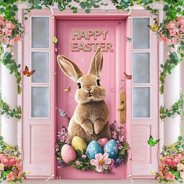 Cortina de puerta de Pascua: Cortina de puerta con conejitos y huevos de Pascua lindos para el porche, patio, versión B