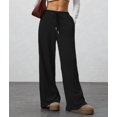 thumbnail image 6 of Women'S Wide Leg Ribbed Knit Pants Drawstring Waist Low Rise Casual Long Trousers Black S, 6 of 9