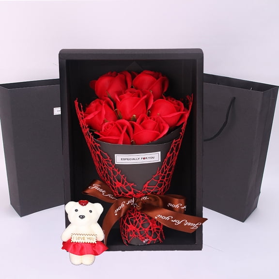 Bouquet of Flowers,Gifts for Girlfriends,Valentine's Day Bouquet with Bear,7-Roses Bouquet Artificial Flower - Preserved Rose Flowers for Loved One, Birthday, Anniversary, Wedding(Red)