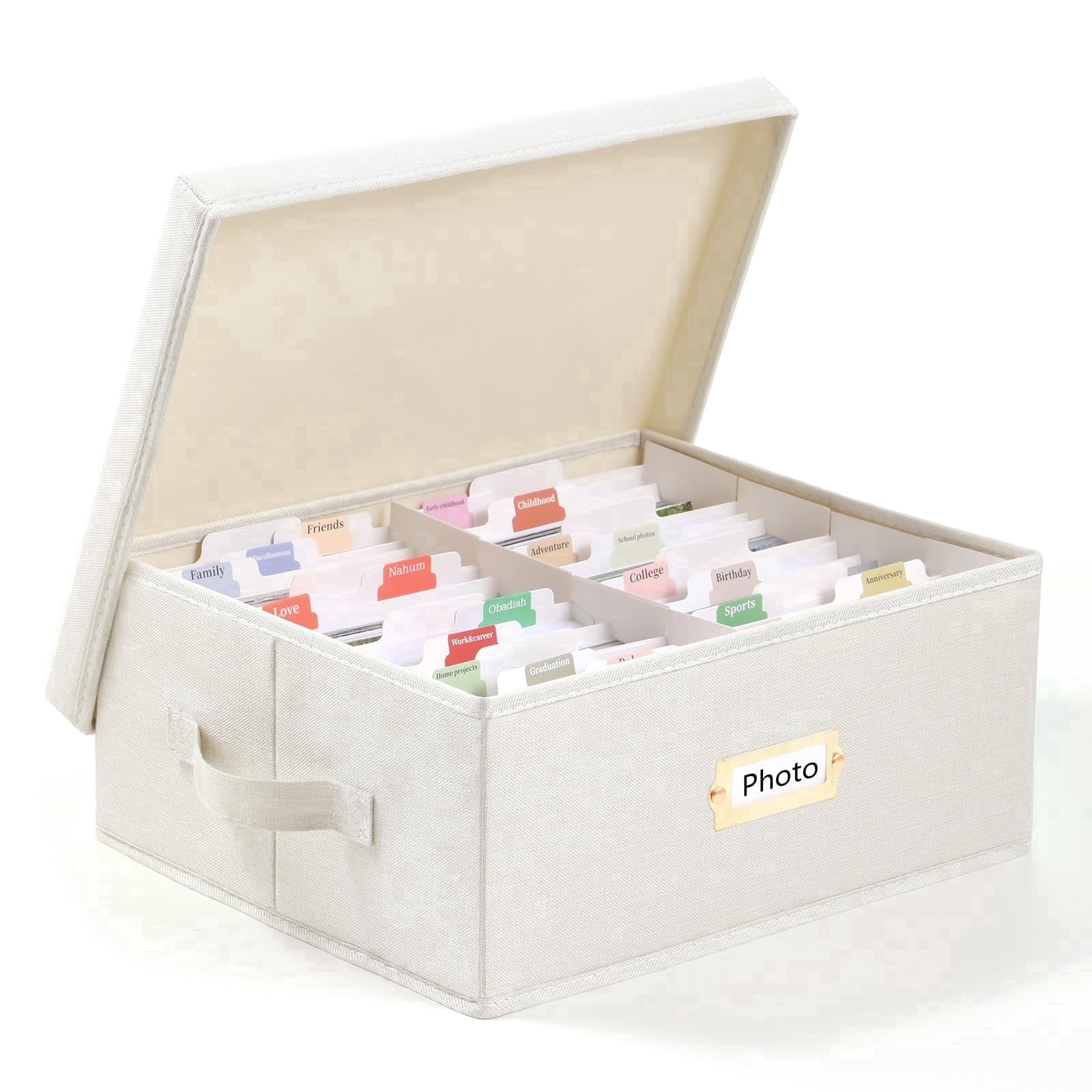Aokeyee Photo Storage Box, Decorative Linen Photo Containers Organizer for 4x6, Memory Boxes Keepsakes with Lid, Fits Holds up to 1700 Pictures