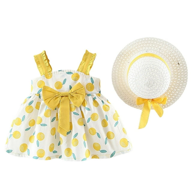 Quotay Robe pour Tout-Petit Bébé Fille Débardeur Imprimé avec Nœud devant Robe Décontractée de Jeu Imprimée pour 1-4 Ans Jaune,80