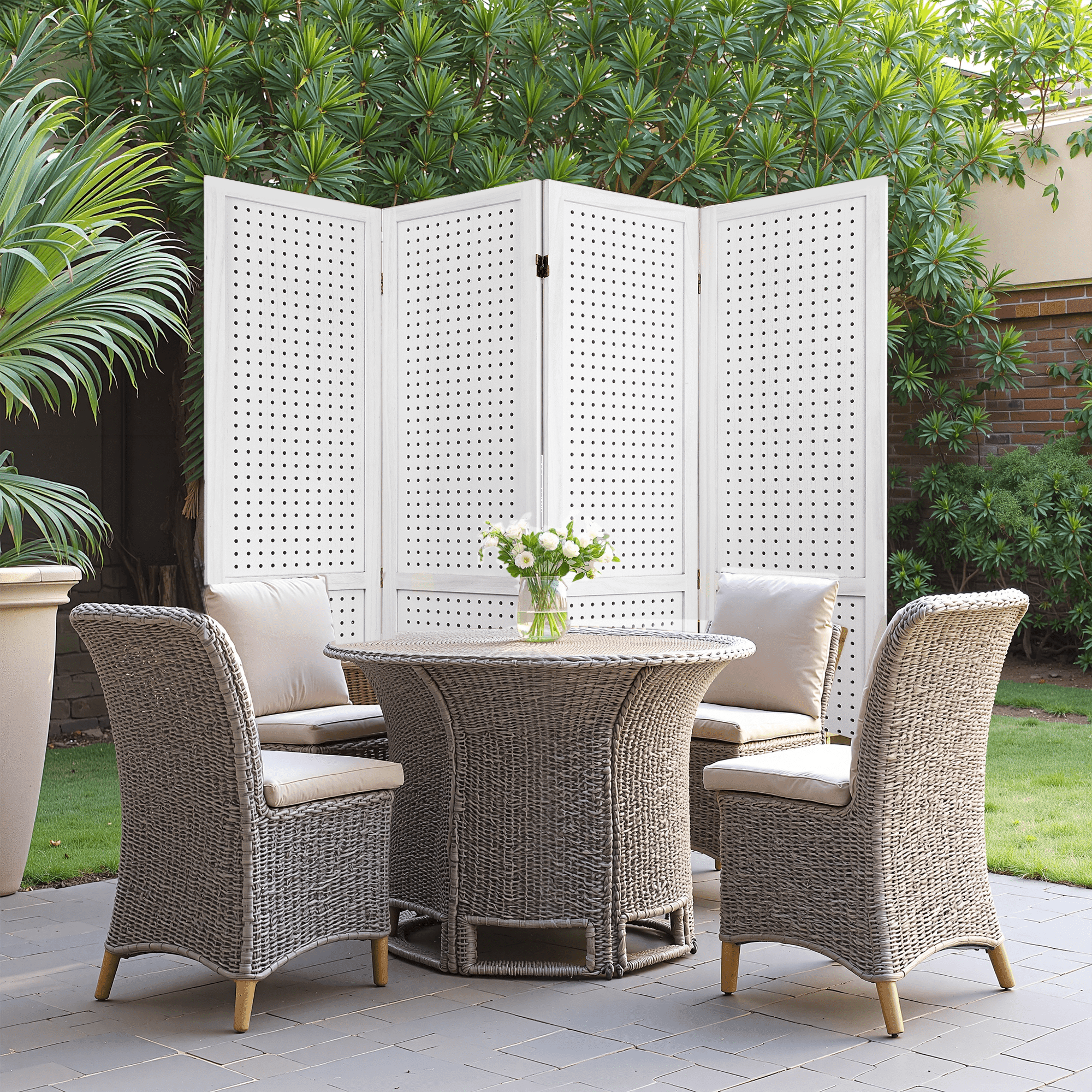 MAYEERTY 4 Panel Freestanding Room Divider, 5.6Ft Wooden Privacy Screen with Shelves, White