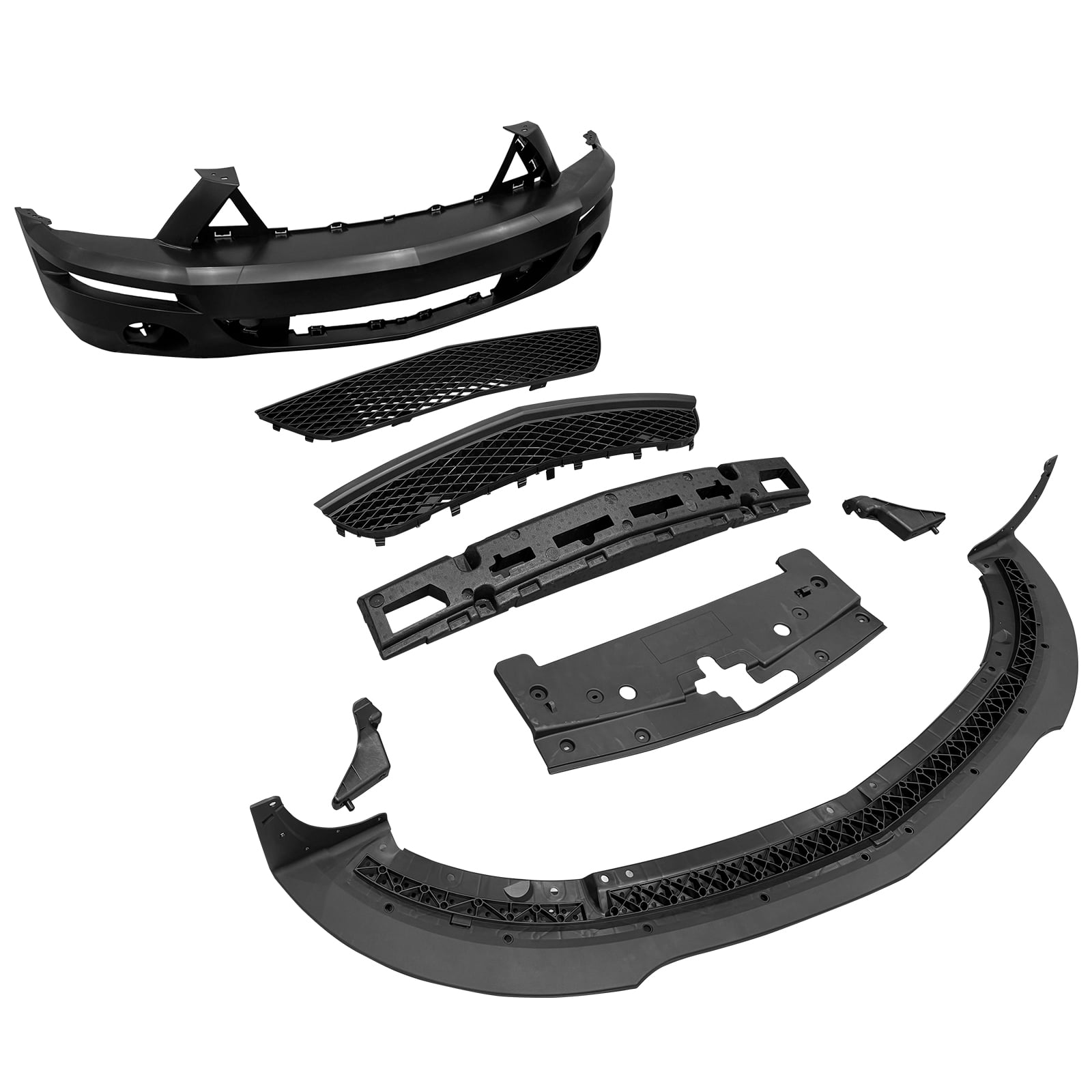 Ikon Motorsports Front Bumper Conversion Cover Compatible With 2007-2009 Ford Mustang GT500 GT500KR Unpainted Black OE PP Injection Front Valance Lip W/ Lower Upper Grilles Bumper Fascia Applique