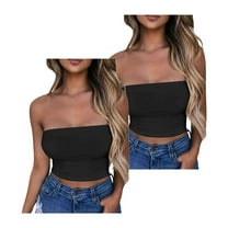 Lovskoo Womens 2 Pack Tube Tops Crop Tops Going Out Strapless Basic Backless Bandeau Bra Summer Outfits 2024 Y2K Clothes Black Black