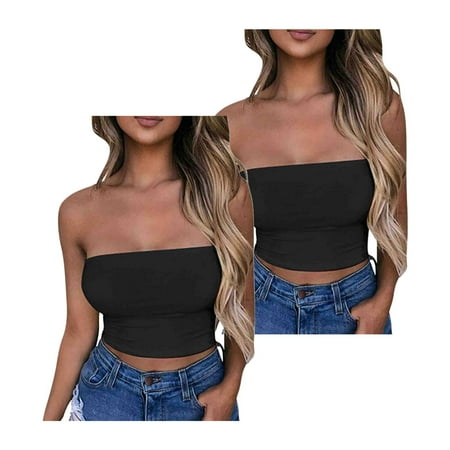 Lovskoo Womens 2 Pack Tube Tops Crop Tops Going Out Strapless Basic Backless Bandeau Bra Summer Outfits 2024 Y2K Clothes Black + Black