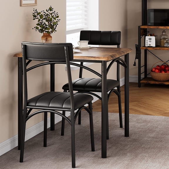 3 Piece Dining Table Set, Kitchen Table and Chairs for 2, Metal and Wood Square Dining Room Table Set with 2 Upholstered Chairs, Kitchen Table Set for Small Space, Apartment, Rustic Brown