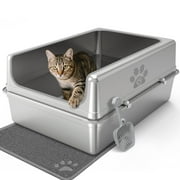 Ptlom Extra Large Stainless Steel Cat Litter Box with Lid, 27.5" x 19.7" x 11.8" XXL Metal Litter Box for Big Cats, Paw Print Design, Non-Stick, Odorless
