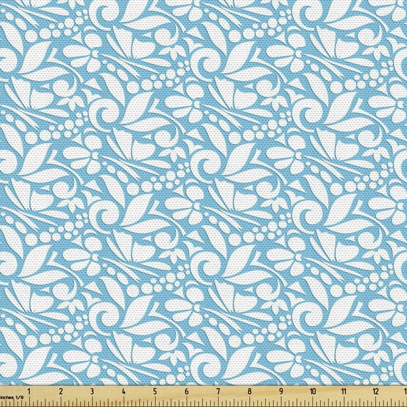 Abstract Fabric by the Yard, Monochrome Composition of Butterfly Like Swirls Curls and Motifs, Decorative Upholstery Fabric for Chairs & Home Accents, Deep Sky Blue White by Ambesonne