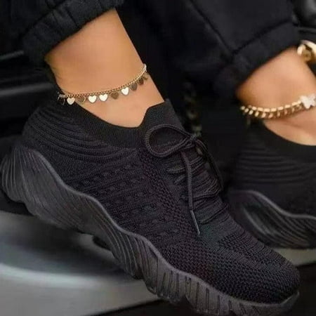 

DAETIROS Womens Shoes Wide Width Running Large size Sneakers Thick sole Lace-up Flyweaving Stirrup Sports Solid color Womens Shoes Black Size 8.5