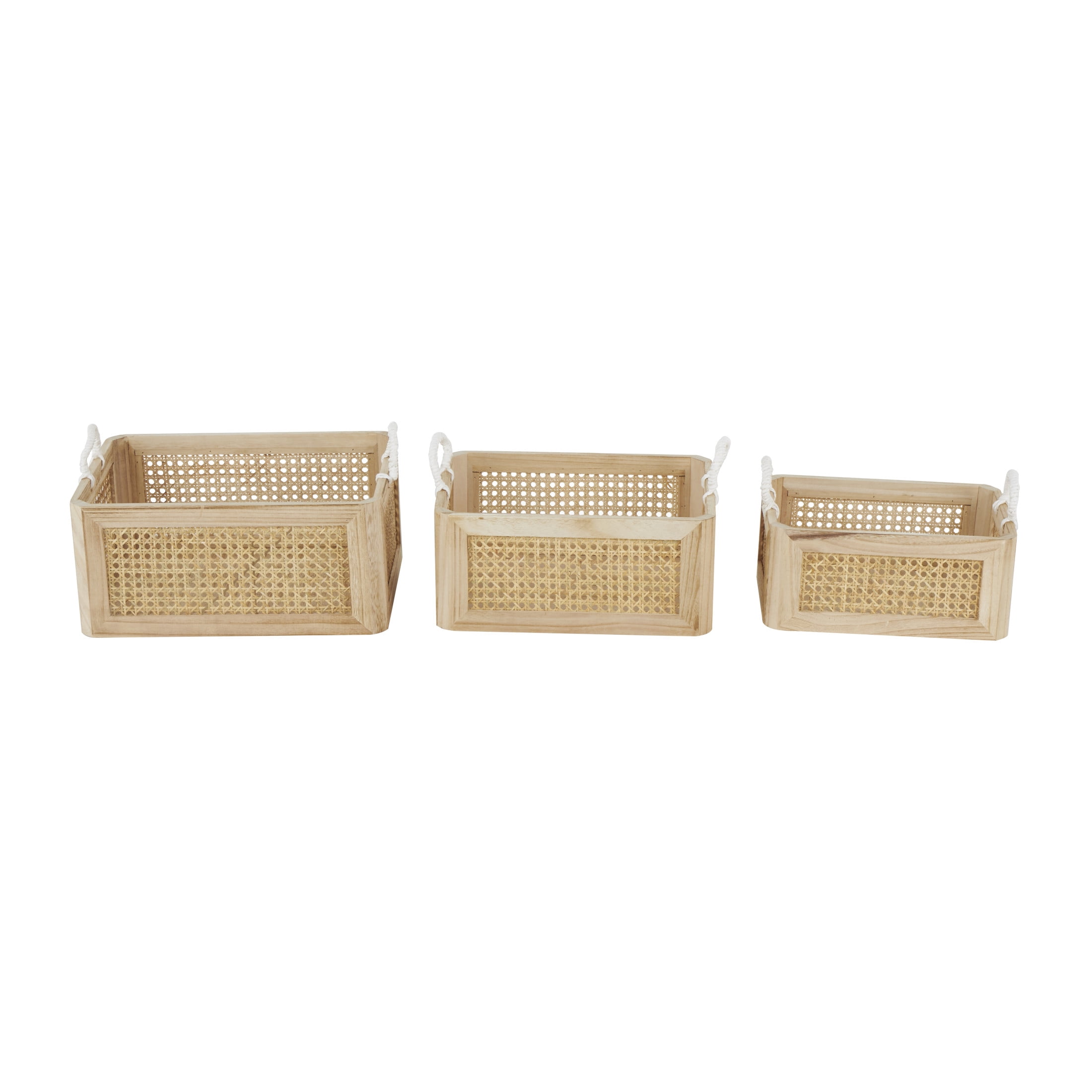 DecMode 16", 15", 13"W Brown Rattan Woven Storage Basket with Rope Handles, 3-Pieces