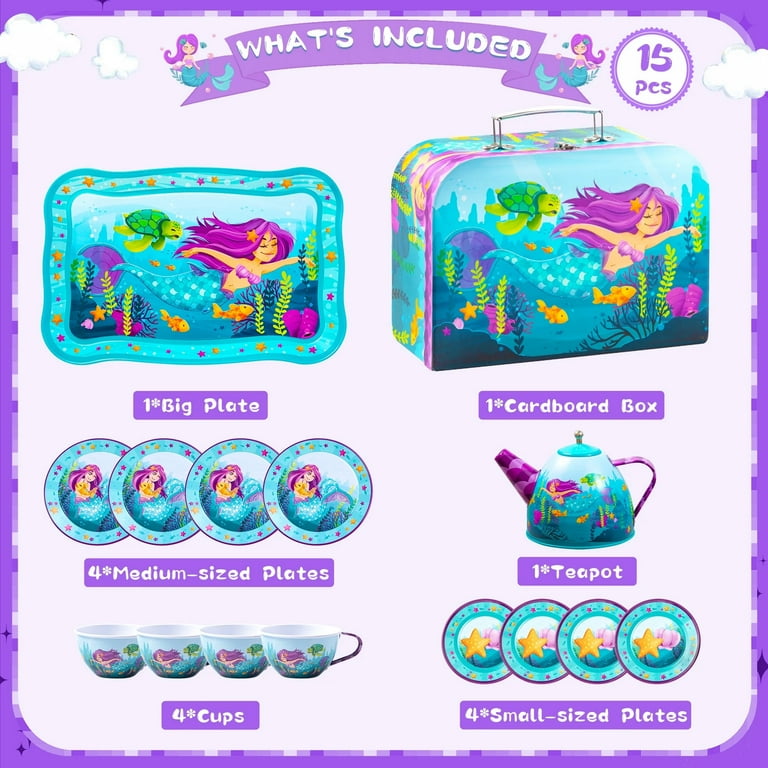 SYNCFUN Mermaid Tea Party Set, Pretend Play Tin Teapot Set for