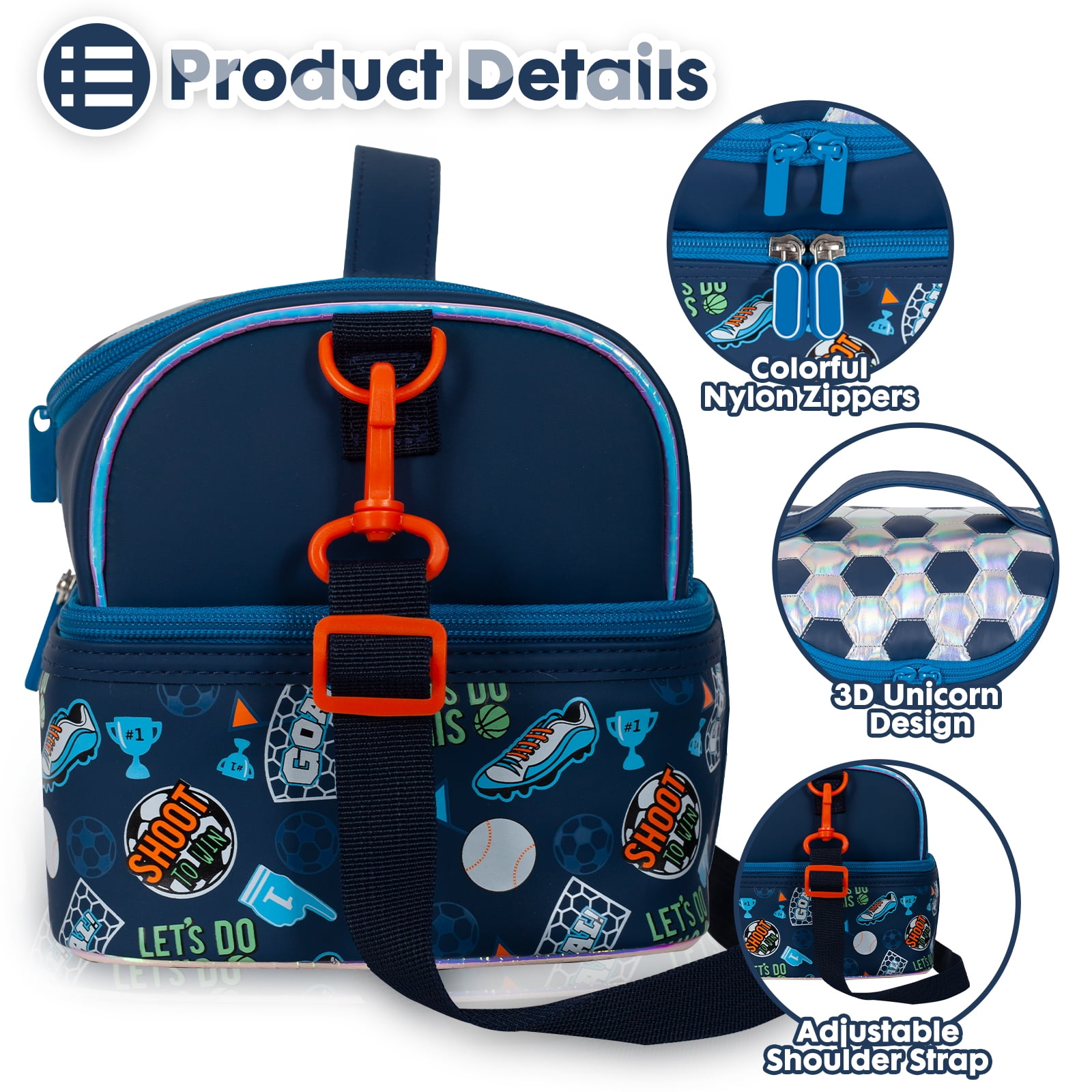 YOYTOO Insulated Lunch Bag, Double Deck Lunch Tote Bag Cooler Box with Adjustable Strap, Soccer