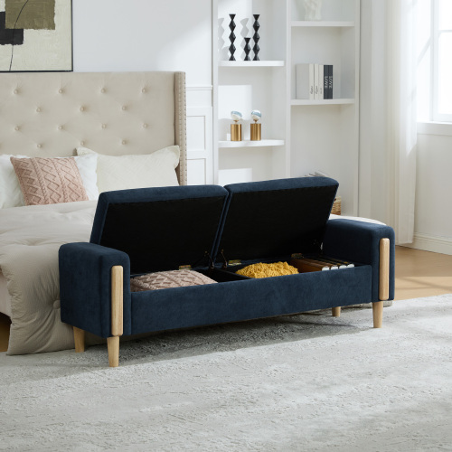 65.67" Wide Modern Upholstered Storage Bench with Double Lids and Armrest, Chenille Fabric, Rubberwood Legs, for Living Room, Entryway, Bedroom, Dormitory, Blue