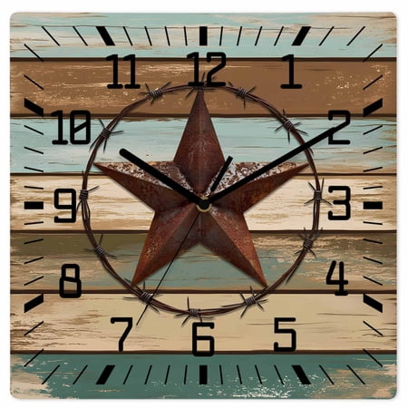 Teal Brown Farmhouse Wooden Wall Clock Silent Non Ticking, Country Texas Star Vintage Square Wall Clocks Battery Operated, Decor Clock for Home Office, Living Room, Kitchen, 12 Inch