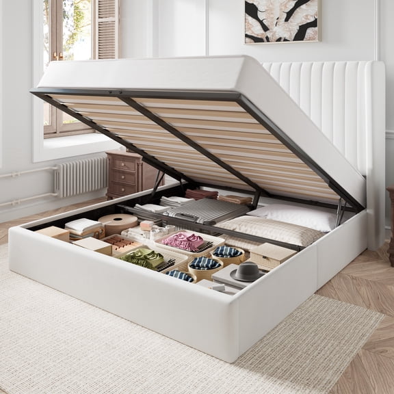 Amolife Queen Size Lift Up Hydraulic Storage Bed Frame, Platform Bed with Upholstered Wingback Headboard with Vertical Channel Tufting, White