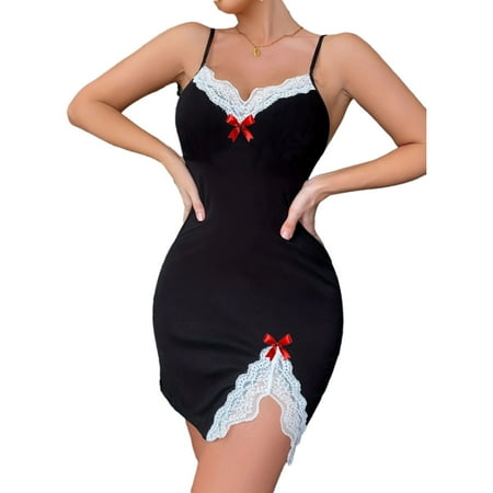 Tao Tao Women Lace Chemise Nightgown Sleepwear V Neck Full Slip Babydoll Nightdress Sleep Dress Suspenders Mesh Nightgown Black L