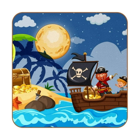 

OWNTA Pirate and Children Finding Treasure Pattern Premium 6-Piece Square Coaster Set in Microfiber Leather - Non-Slip & Absorbent Cup Mats