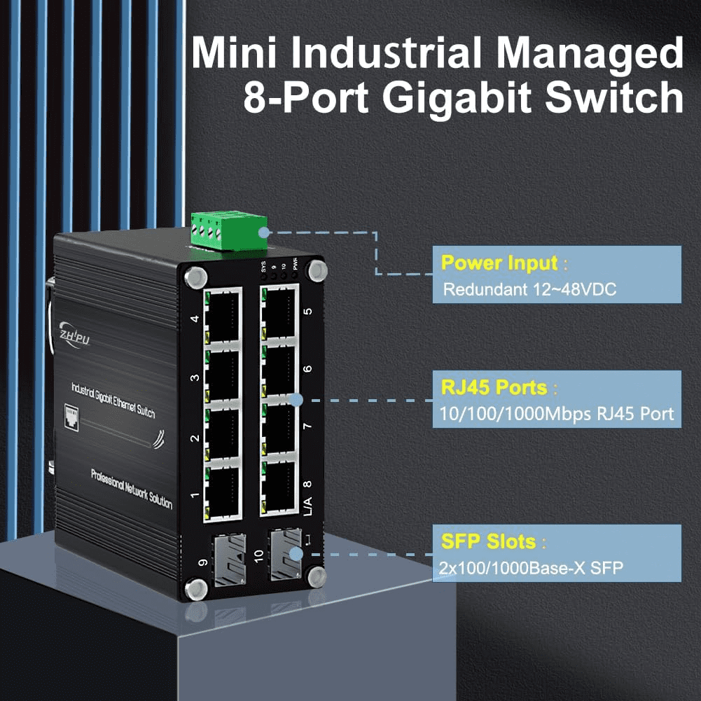 Compact Industrial Managed 8-Port Gigabit Switch with 2 SFP Slots, DIN Rail Mount, Web Management, -40°C to 80°C for IP Cameras & Wireless APs