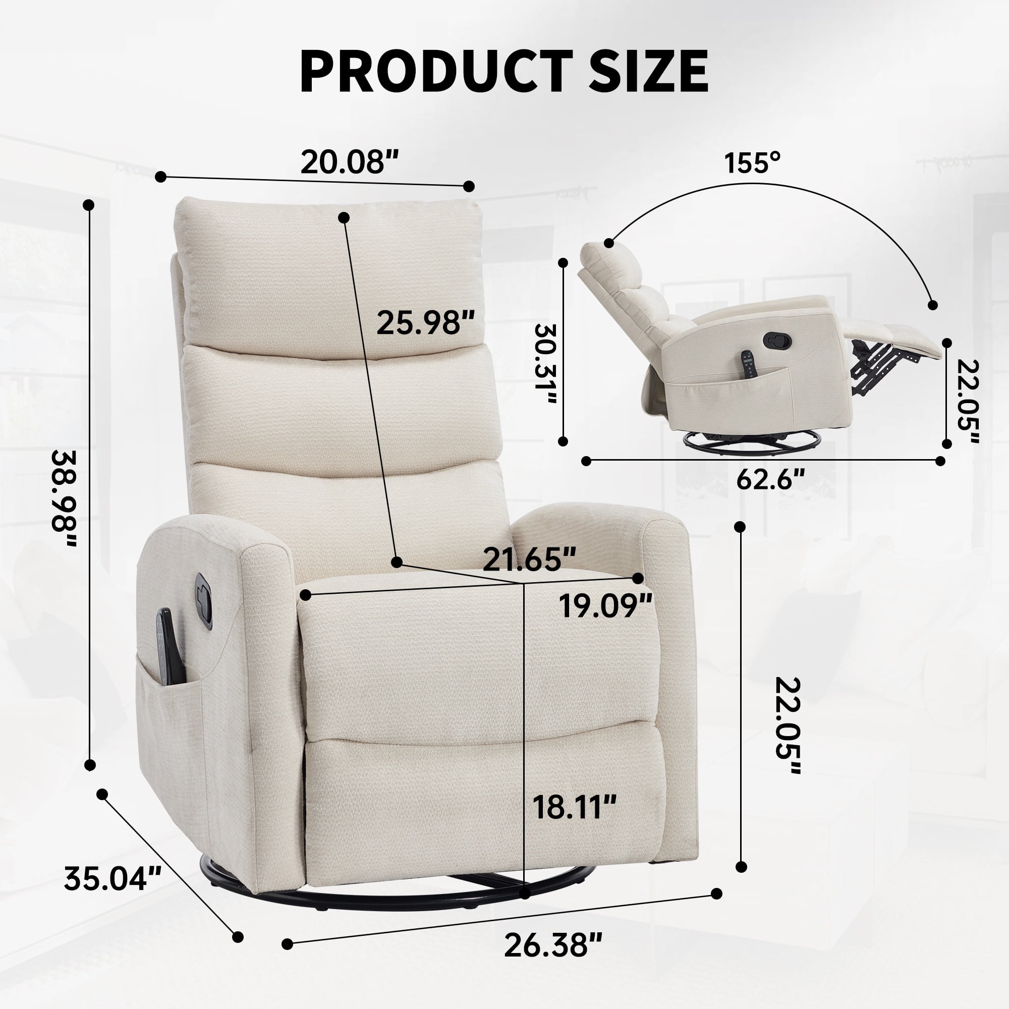 HSUNNS 360° Swivel Rocker Recliner Chair with Heat Massage, Chenille Manual Single Rocker Sofa Recliner Chair with Side Pockets for Living Room Home Theater, Beige