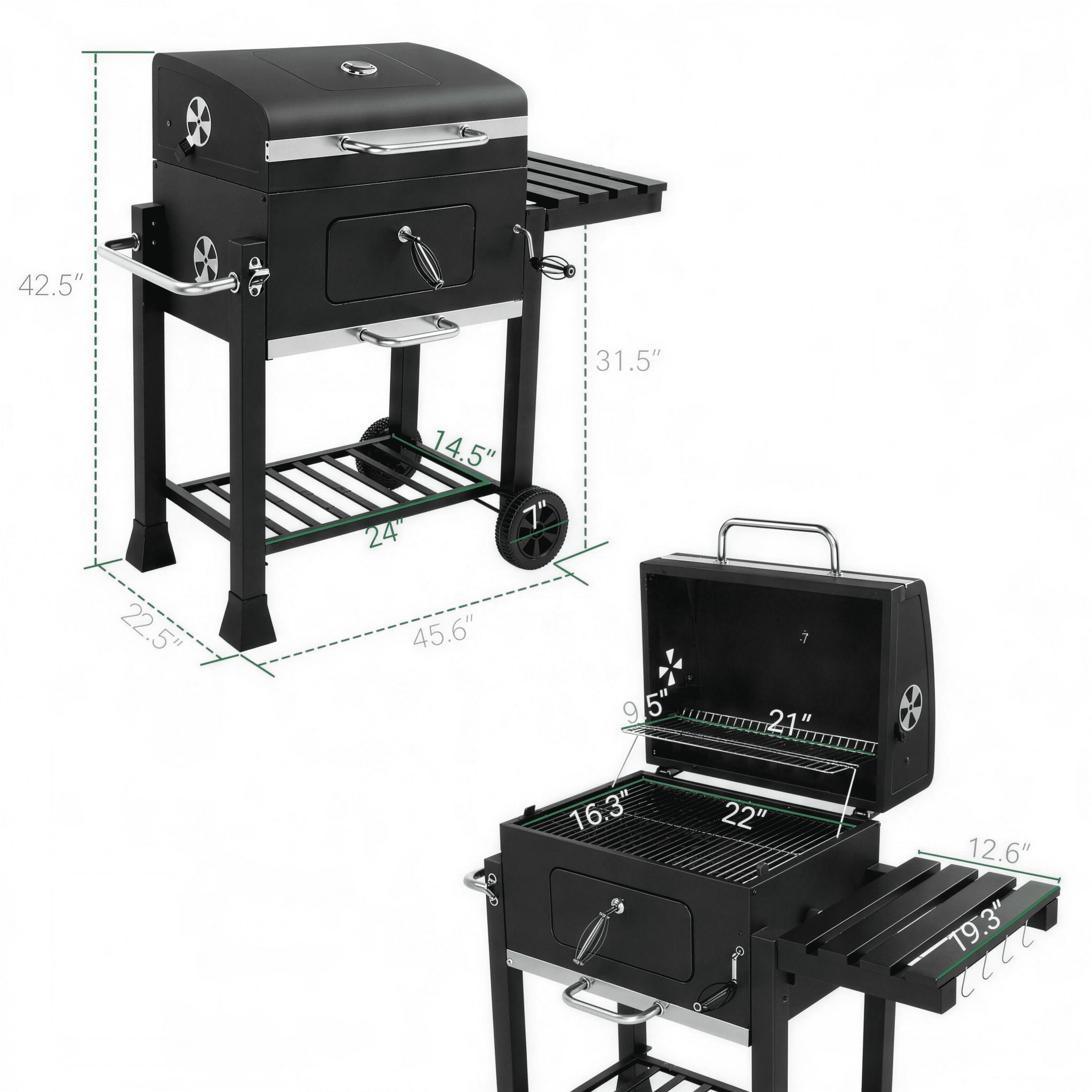 LODZPK Charcoal Grill with Foldable Side Table & Wheels, Heavy-Duty for Patio Garden Grilling