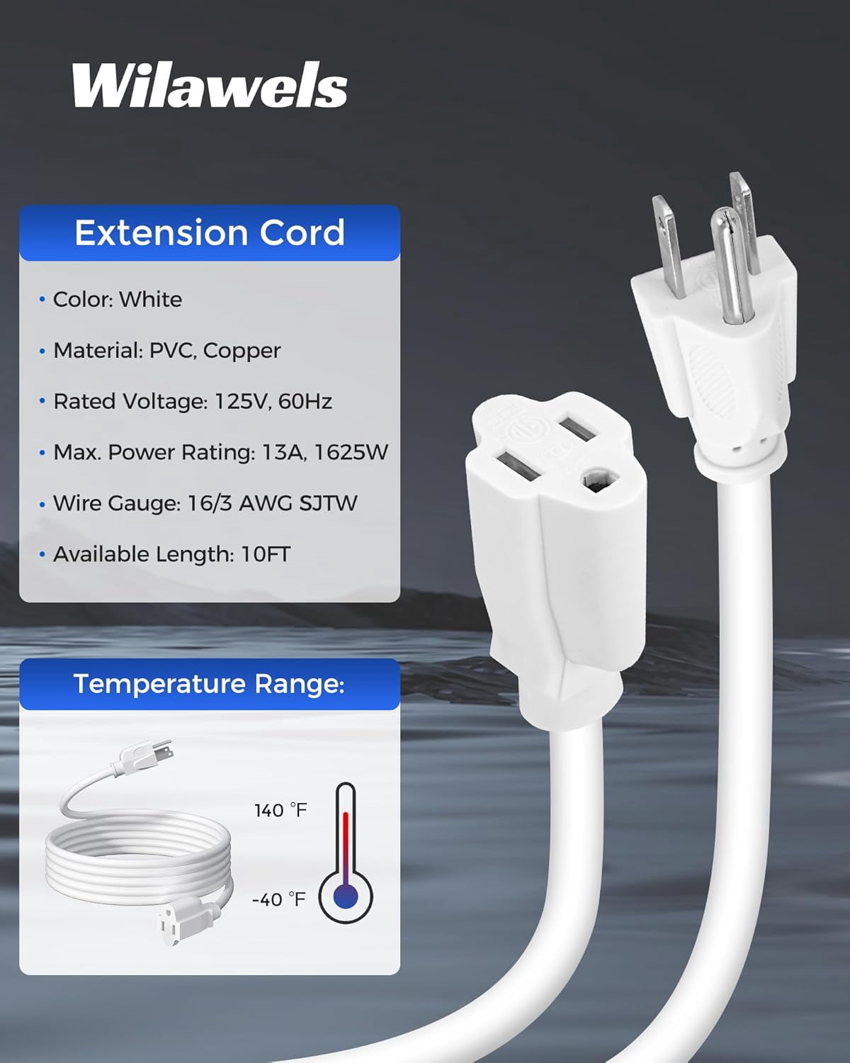 JJEAN-2-Pack Outdoor Extension Cord 10FT, 16/3 SJTW Durable Power Cable for Indoor and Outside Use, 3 Prong Grounded Outlets for Garden Decor and Lights, ETL Listed, White W03ECP206