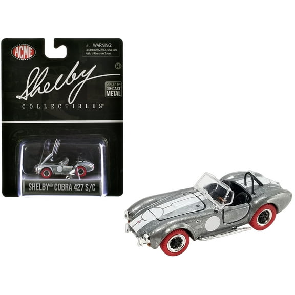 Shelby Cobra 427 S/C Raw Metal with White Stripes and Red Tires "Shelby Collectibles" Series 1/64 Diecast Model Car by ACME