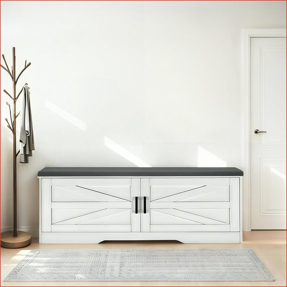 Bench, Farmhouse 2-Tier Storage with Padded Seat & Barn Doors | 39.4” W | White | MDF