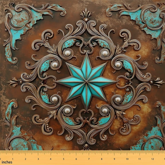 Feelyou Cyan Texas Stars Fabric by the Yard 1 Yard for Kids, Bohemian Damask Room Decor Fabric by the Yard, Western Farmhouse Fabric for Sewing, Lightweight Room Decor