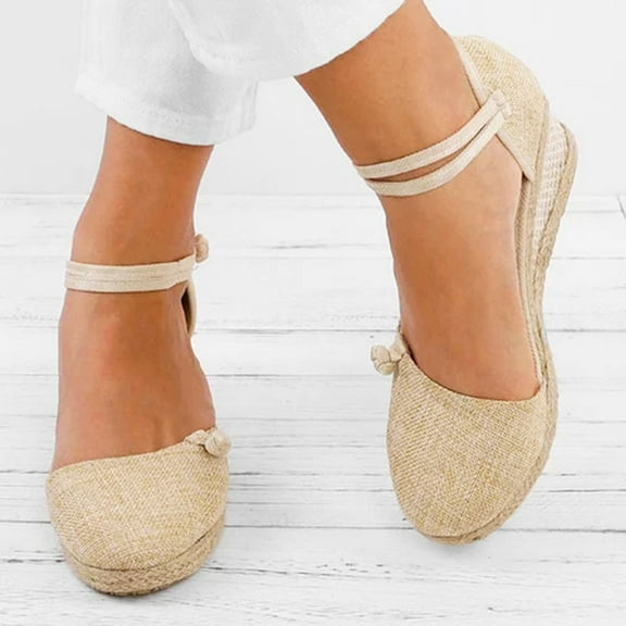 Floenr Womens Sandals Flip Flops for Women,Women Ladies Retro Linen Canvas Wedge Round Toe Casual Sandals Singles Shoes