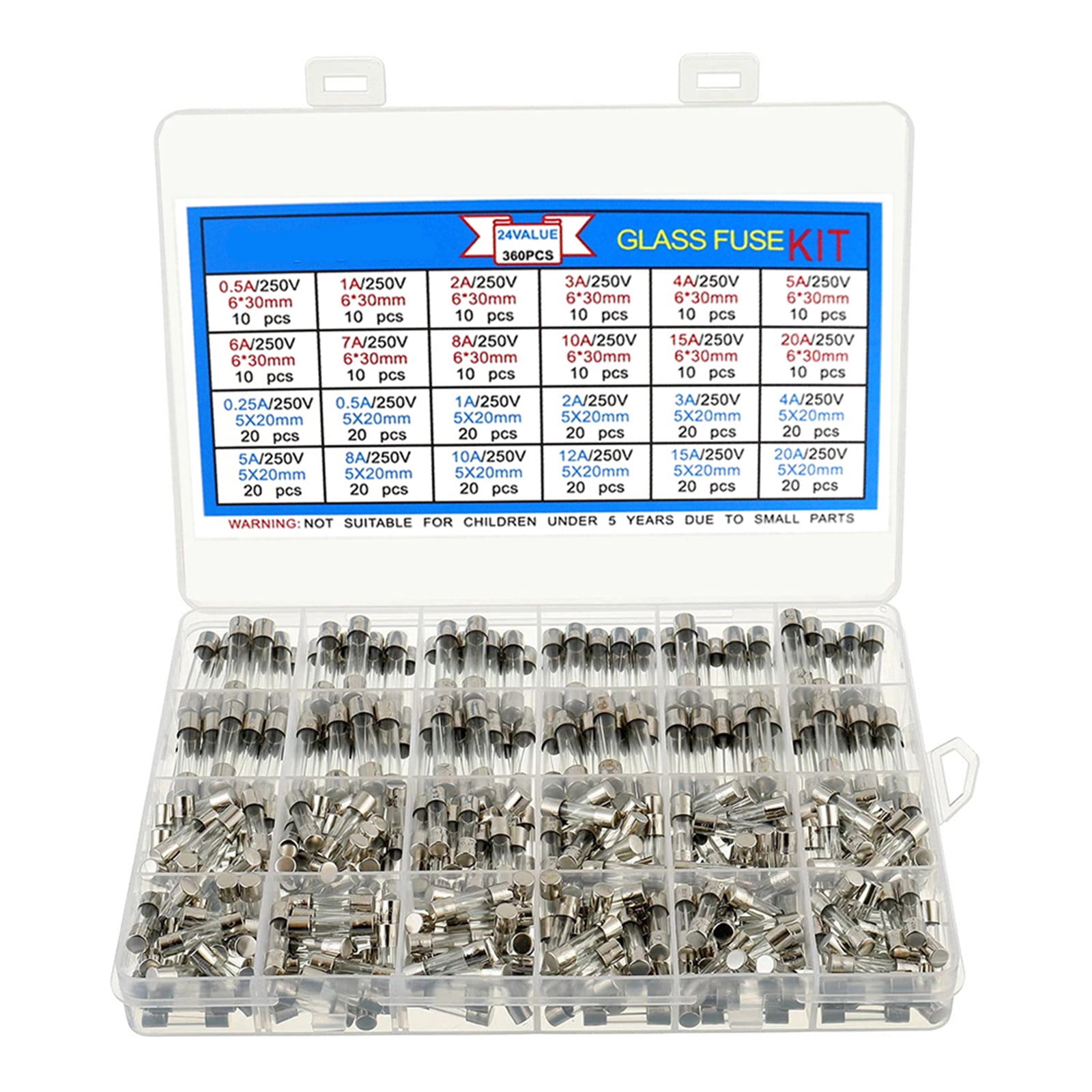 360pcs Fast Blow Glass Fuse Assortment Kit 24 Values Fuses Kit Tube Fuses Sets
