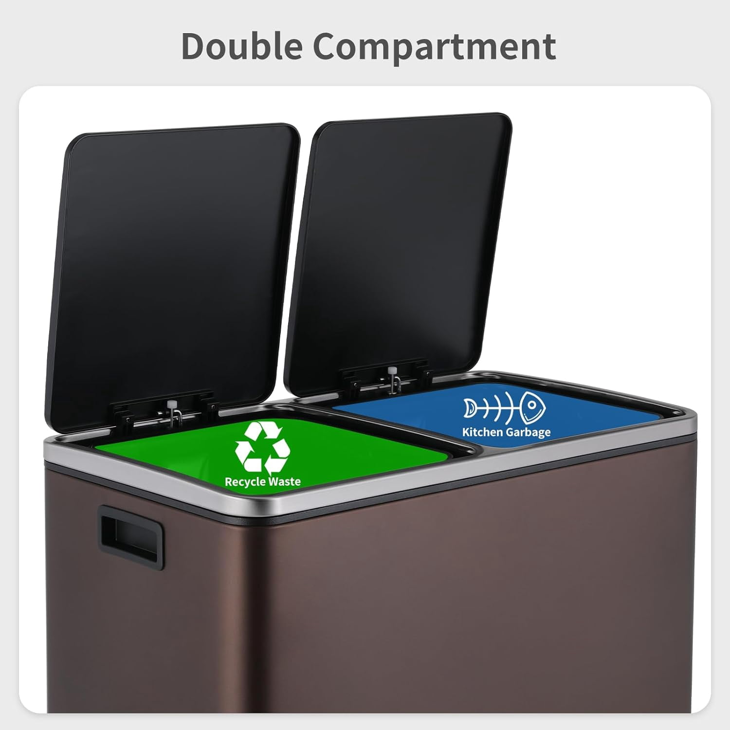 Arlopu Stainless Steel Dual Trash Can, 16 Gallon/60L Recycling Bin Step Garbage Can with 2 Compartments, Soft Close Lid