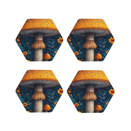 

Coasters Set of 4 - Vintage Blue Leaf Mushroom Drink Coasters for Tabletop Protection Leather Coasters for Living Room Decor and Housewarming Gift Hexagon