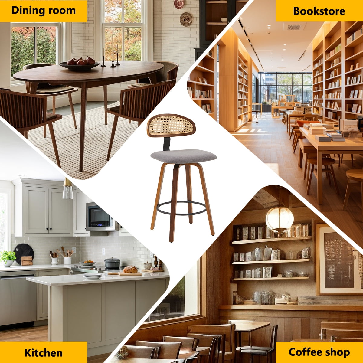 360° Swivel Rattan Bar Stools Set of 1, Counter Height Modern Kitchen Island Stools With Footrest, Uphostered Cushion, Comfortable Durable, Dark Grey