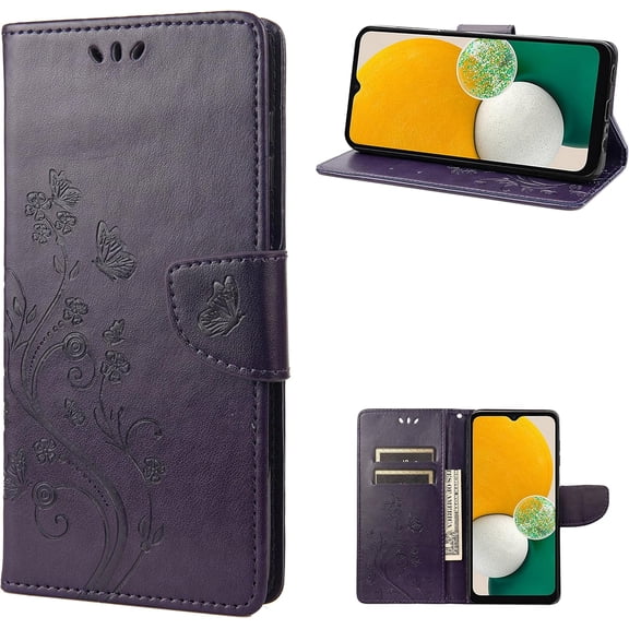 Galaxy A14 5G Wallet Case, Magnetic Leather Folio Cover for Samsung Galaxy A14 5G Flip Case with Card Holder Kickstand, Butterfly Floral Embossed Phone Case for Women (Dark Purple)