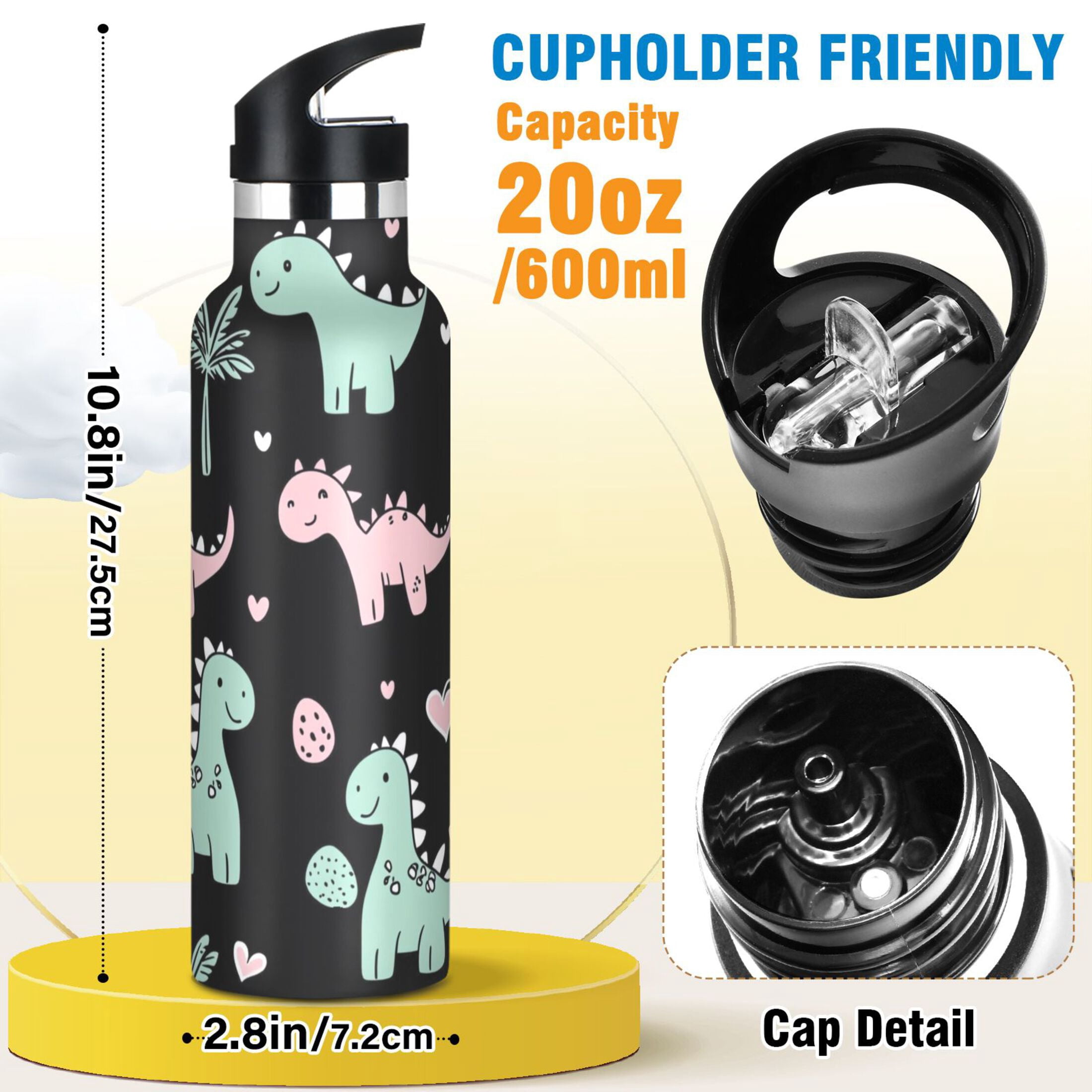Kids Insulated Stainless Steel Sports Water Bottle 600ml (20oz) Pink and Green Dinosaurs