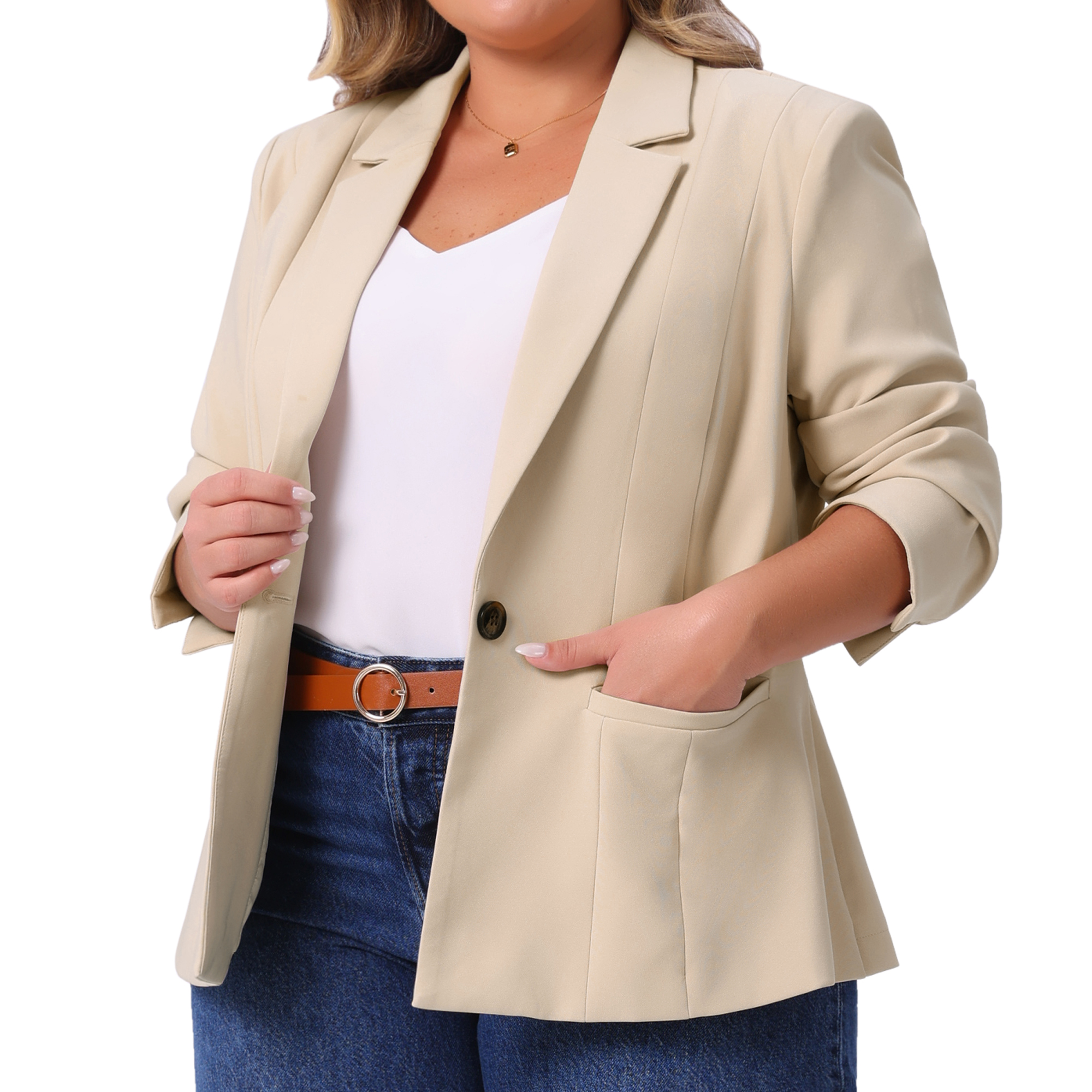 DARING DIVA Women's Plus Notched Lapel Long Sleeve Notched Lapel Business Blazer 2X Beige
