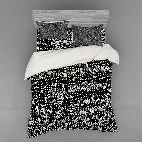 Geometric Duvet Cover Set, Maze Lines with Dots Monochrome Abstract Design Hand Drawn Labyrinth, Bedding Set with Shams and Fitted Sheet, 3 Sizes, by Ambesonne