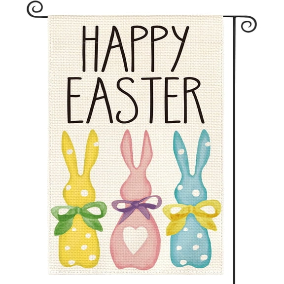 Easter Polka Dot Rabbit Garden Flag 12x18 Inch Double Sided Colorful Heart Bow Bunny Outdoor Yard Decor